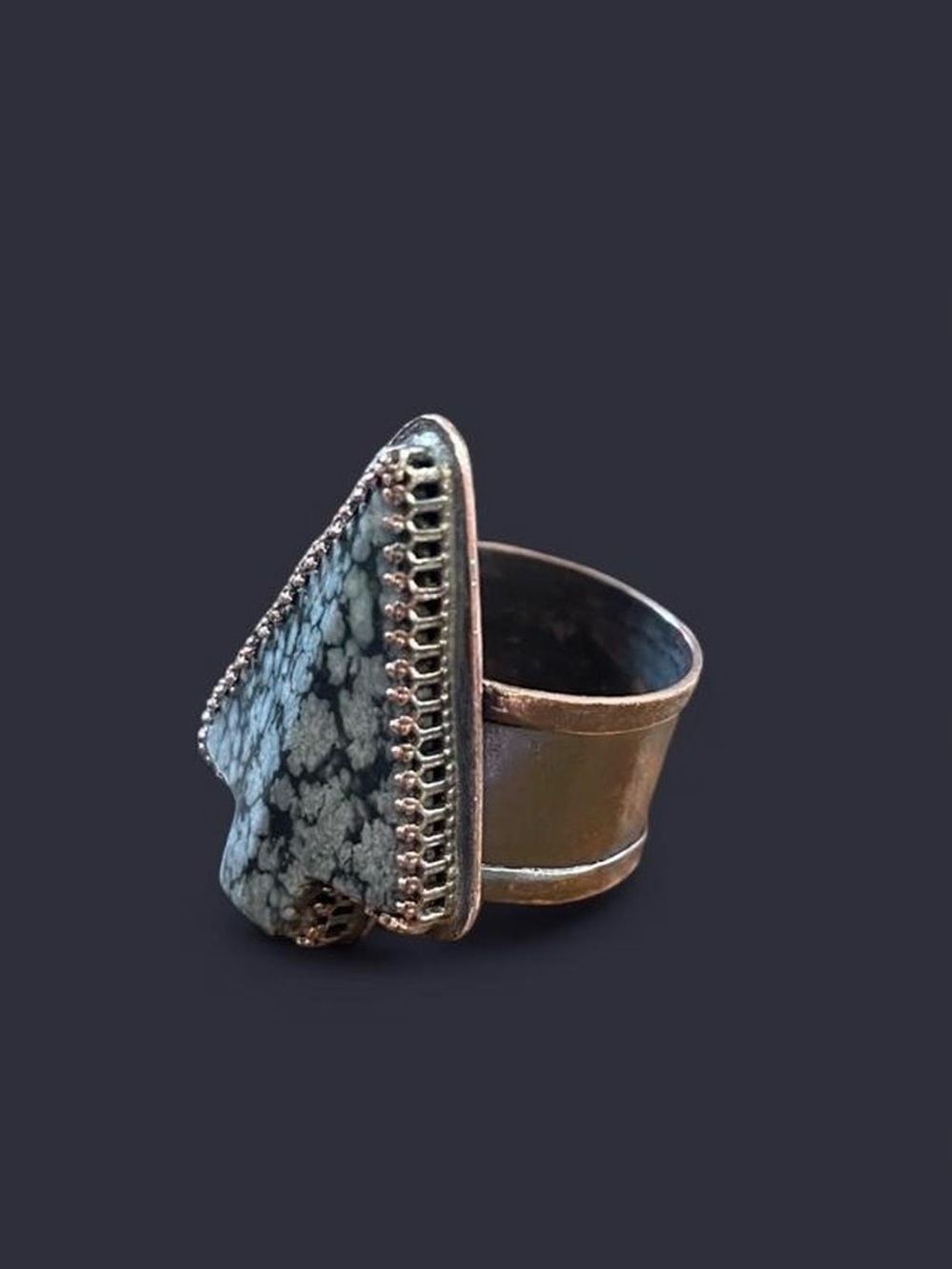 Snowflake Obsidian Arrowhead Ring — Antiqued Copper (size 8)